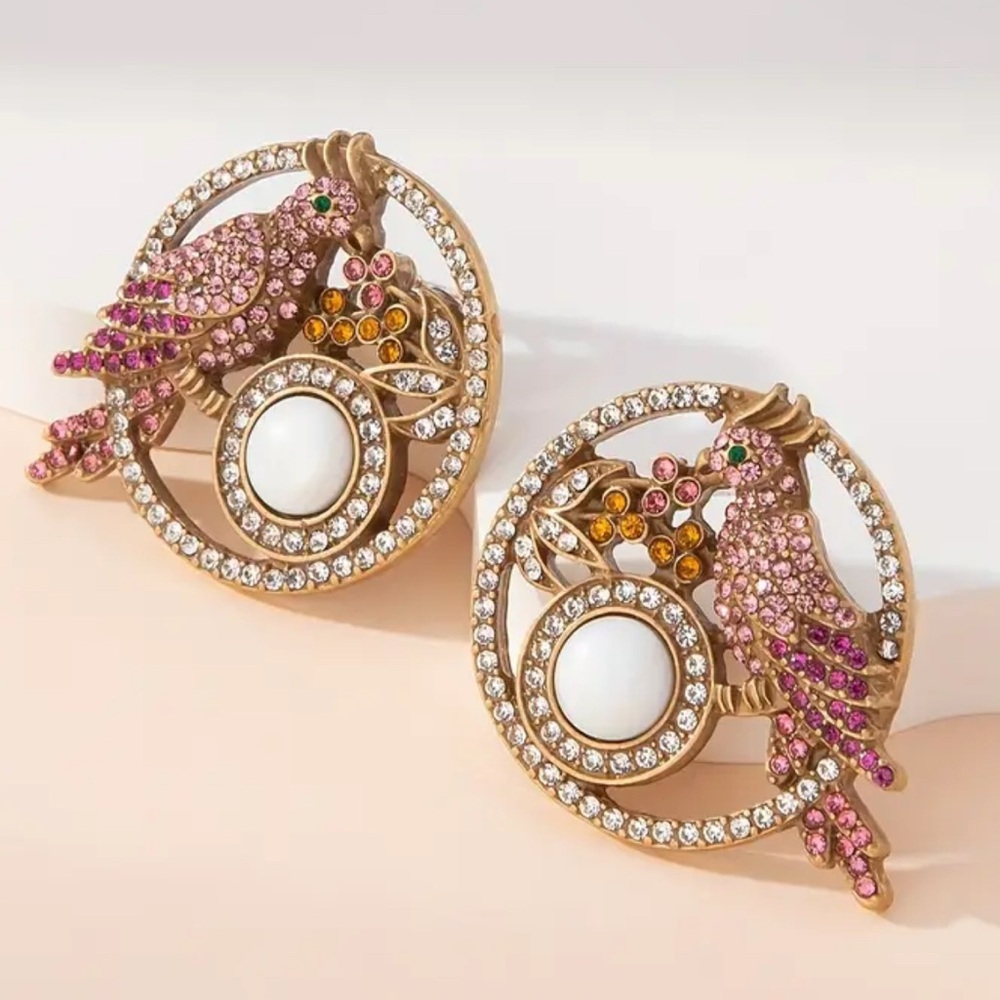 PINK BIRD RHINESTONE STATEMENT EARRINGS
